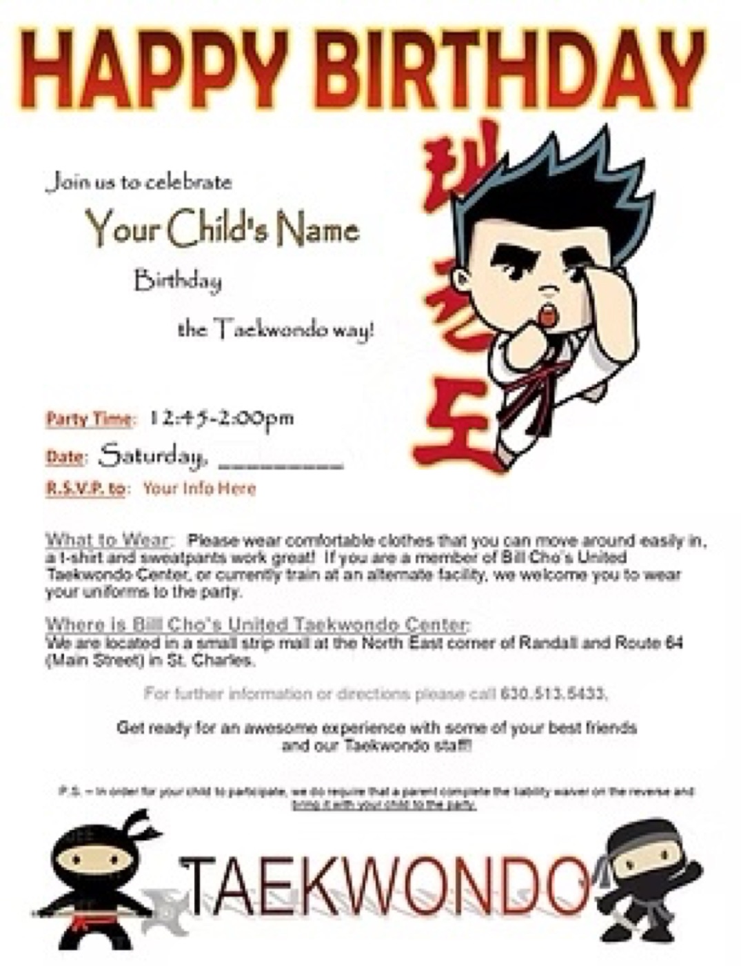 Bill Cho's birthday party invitation — boy ninja theme