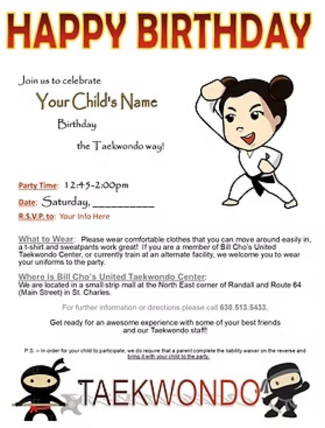 Bill Cho's birthday party invitation — girl Taekwondo theme